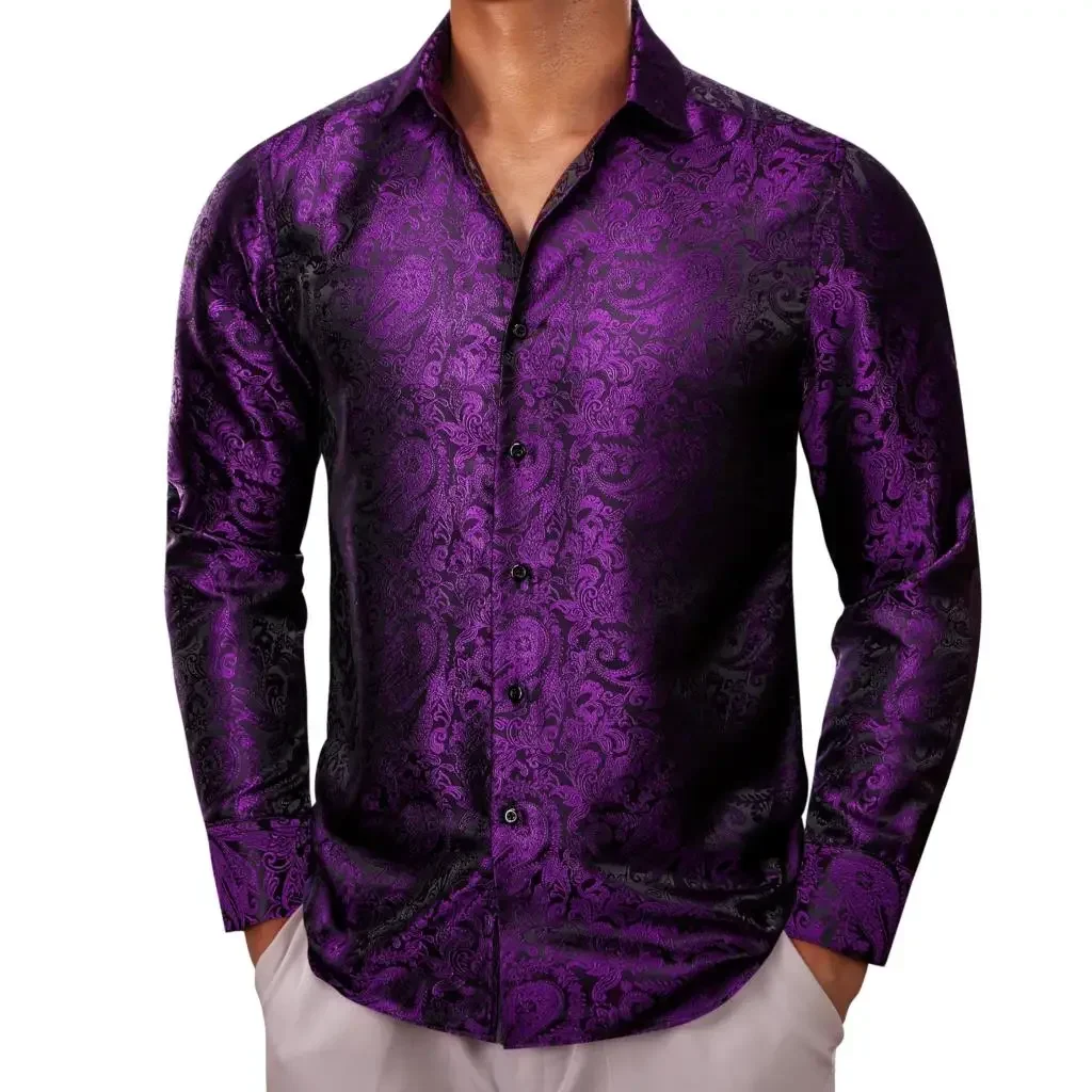 

Designer Shirts for Men Silk Long Sleeve Gold Black Flower Slim Fit Male Blouses Casual Formal Tops Breathable Barry Wang