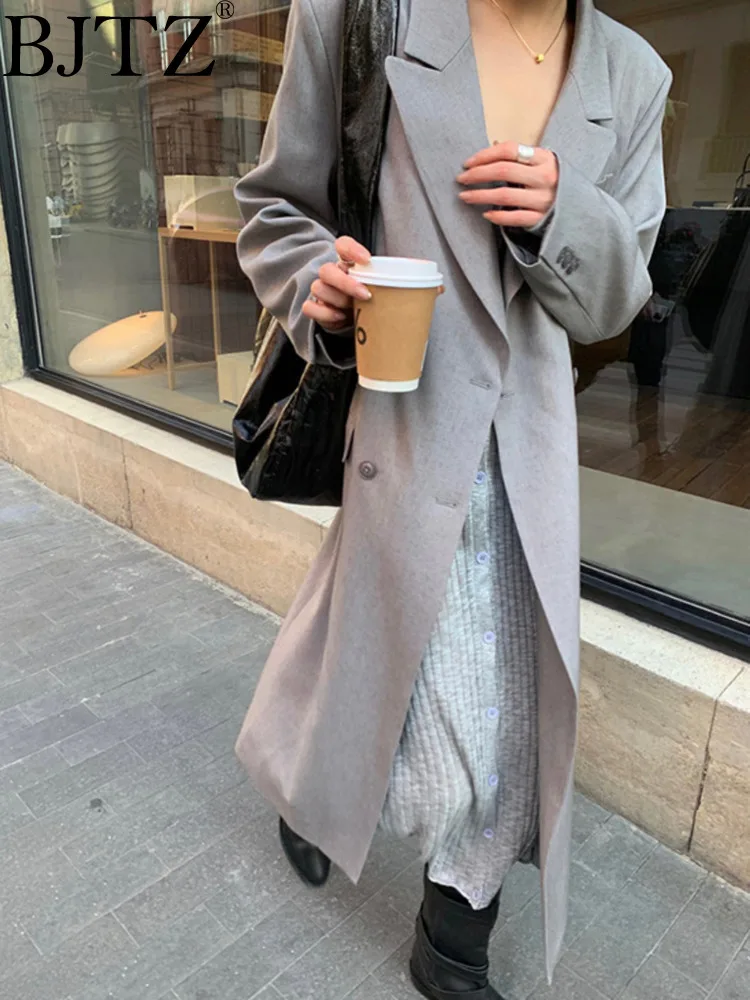 

BJTZ Double Breasted Trench Coat Linen Long Blazer Jacket For Women Clothing 2024 Spring Autumn New Fashion Windbreaker HL56