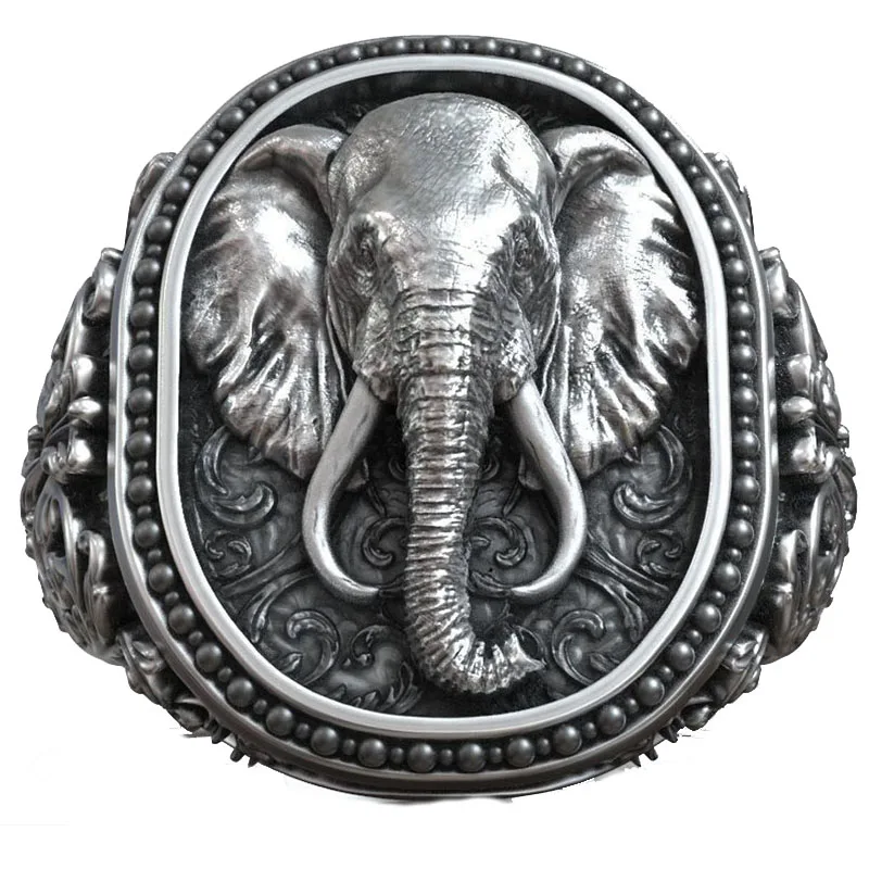 

23g Elephant Head Antique Pattern Men Signet Art Relief Gold Rings Customized 925 Solid Sterling Silver Rings Many Sizes 6-13