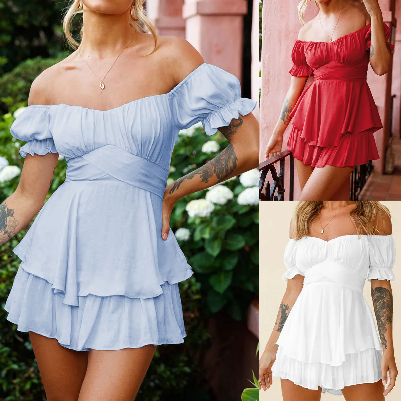 Women Elegant Jumpsuit Lantern Sleeve Ruffle Summer Jumpsuit Off Shoulder Lace Up Backless Fashion Solid Color Beach Playsuits
Women Elegant Jumpsuit Lantern Sleeve Ruffle Summer Jumpsuit Off Shoulder Lace Up Backless Fashion Solid Color Beach Playsuits
