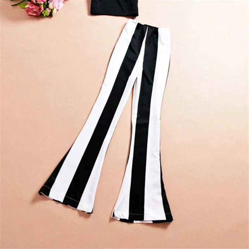 

Black White Stripes Flared Trousers Chiffon 2023 New Clothes For Women Spring High Waist Loose Leisure Fashion Bell-Bottoms