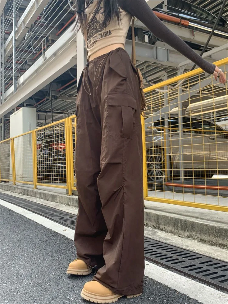 

Брюки-карго женские с парашютом, винтажные коричневые штаны с широкими штанинами, Джоггеры в стиле Харадзюку, хиппи, уличная одежда, Y2k 90s