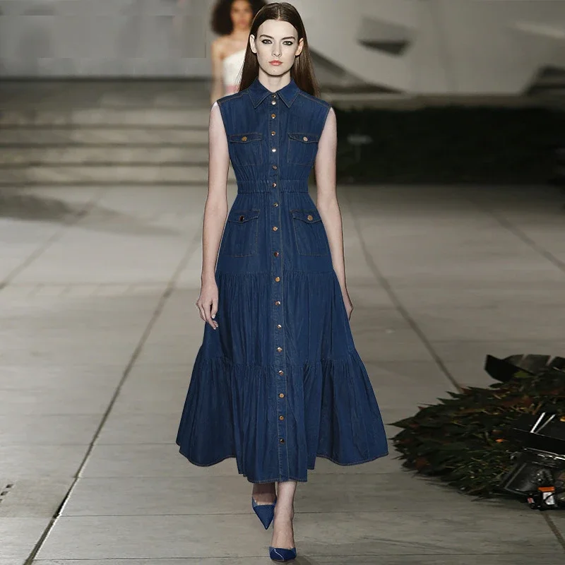 Женское дизайнерское однобортное платье-поло без рукавов, Повседневное платье до щиколотки цвета голубого озера, весна 2023