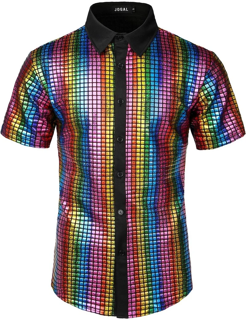 Nightclub Bar Party Shirt Mens 70s Disco Costume Silver Sequins Short Sleeve Button Down Shirts
Nightclub Bar Party Shirt Mens 70s Disco Costume Silver Sequins Short Sleeve Button Down Shirts