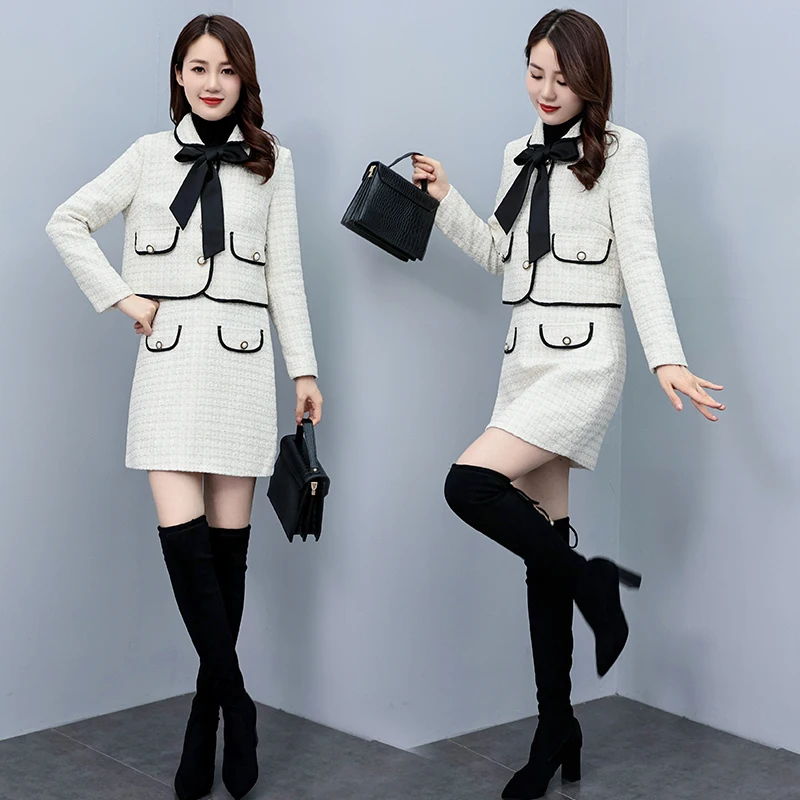 

Women's White Suit Skirt 2023 Early Autumn New Style Age-reducing Bow Tie-up Short Jacket Coat A-line Short Skirt Two-piece Set