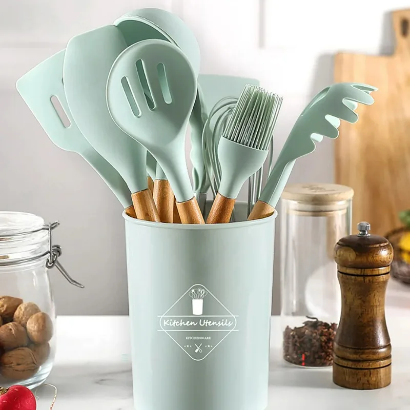 

5/12pc Kitchen Utensil Set Wooden Handle Spatula Egg Beater Spoon Oil Brush Food Clip Storage Bucket Nonstick Silicone Cookware