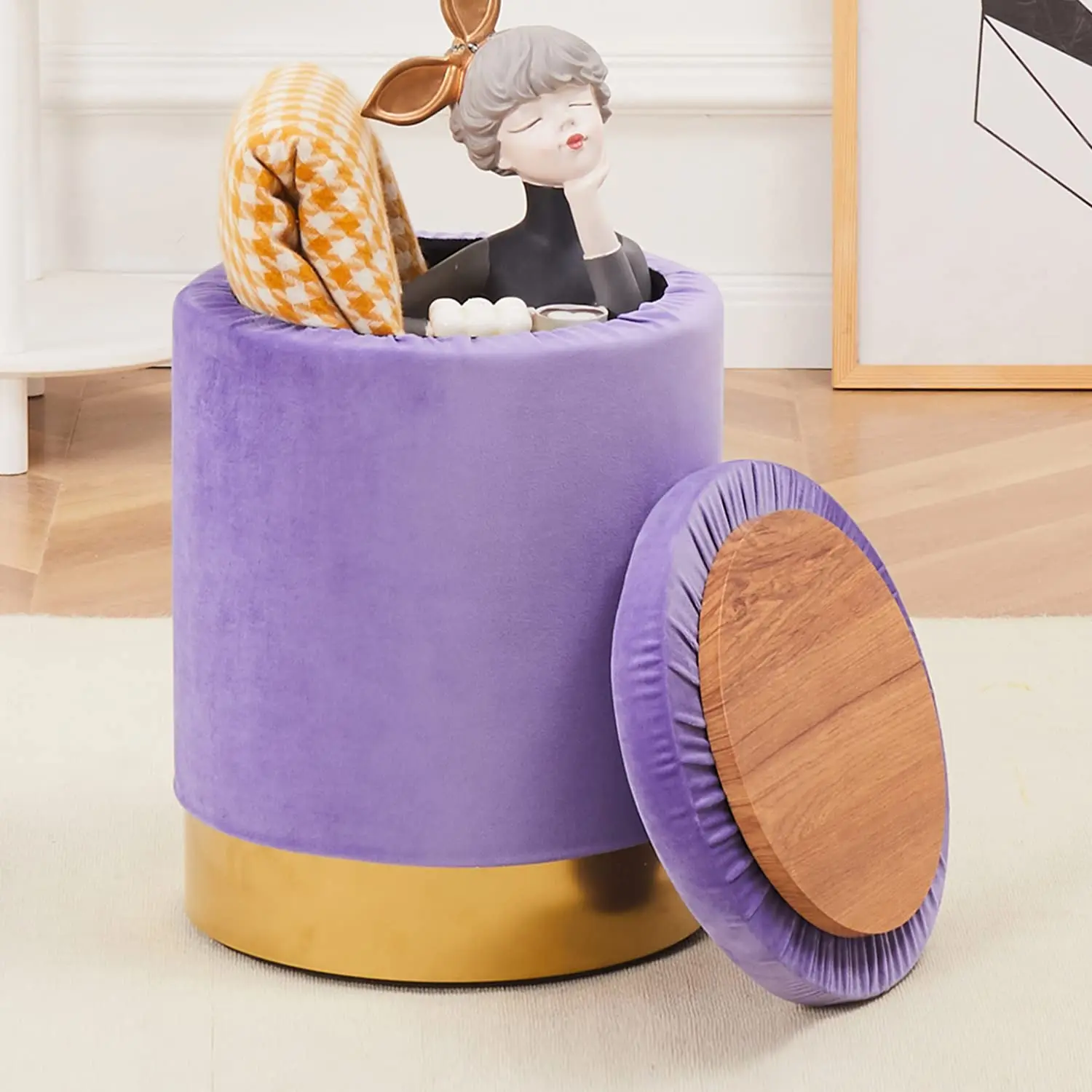 

23Qt Velvet Ottoman Footrest Stool with Metal Base Modern Storage Chair Ottoman Round Storage Foot Stools Padded Seat Purple