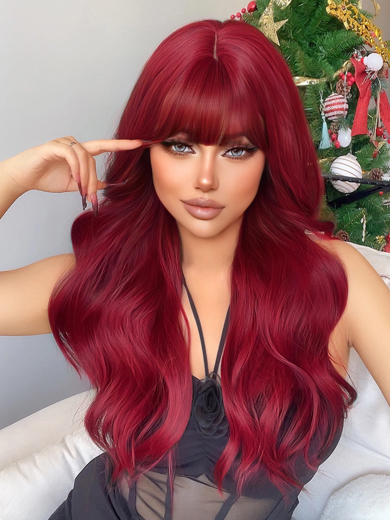 

28Inch Wine Red Color Synthetic Wigs With Bang Long Natural Wavy Hair Wig For Women Cosplay Drag Queen Daily Use Heat Resistant