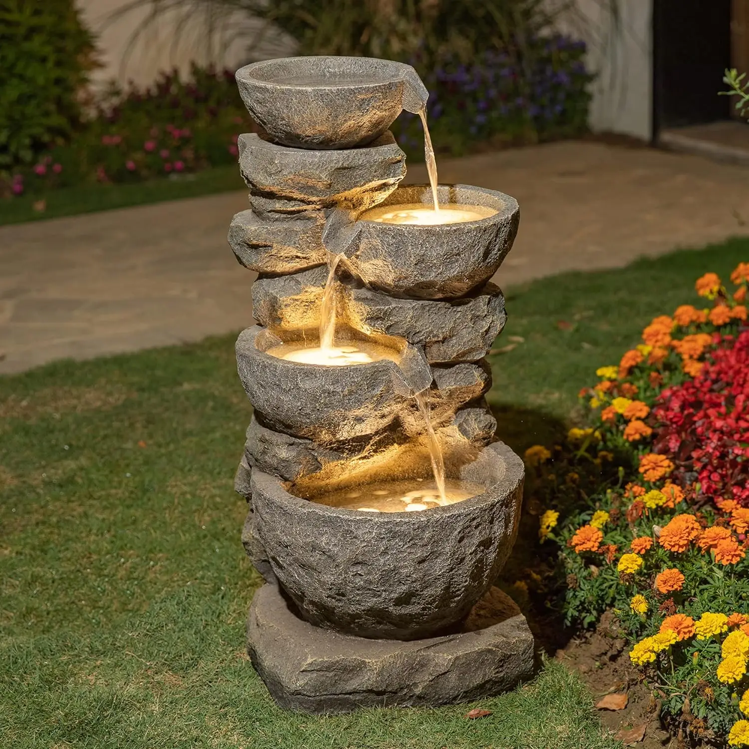 

Glitzhome GH11246 Polyresin Stone 4-Tiered Bowls Fountain with LED Lights Outdoor Decorative Water Feature, 32.25" H, Gray USA