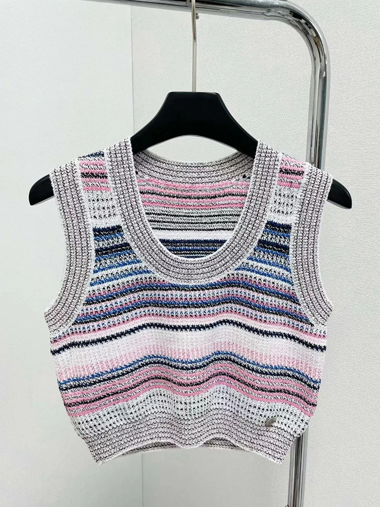 

Designer retro color striped crew neck short tank top 2024 summer women's new fashion all-in-one sleeveless knit pullover