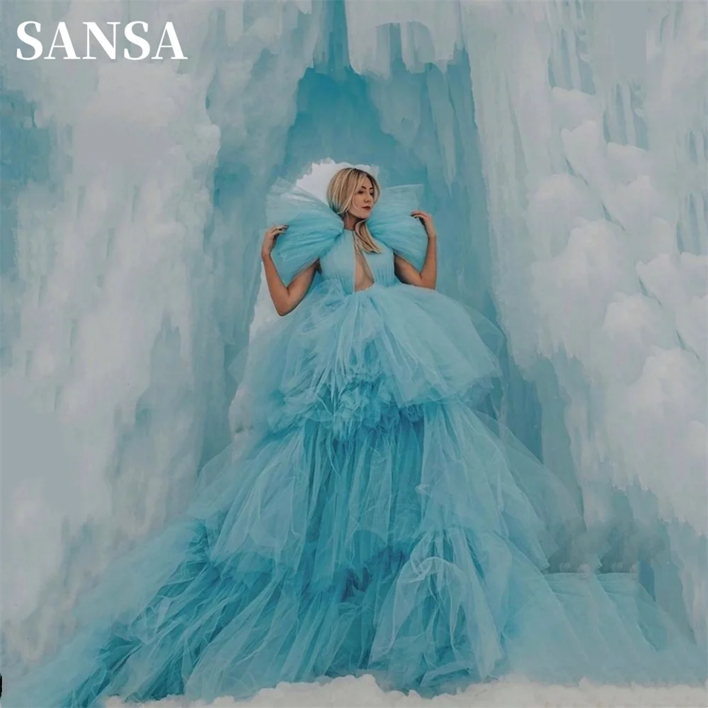 

Sansa Gorgeous Puffy Shoulder فساتين السهرة Blue Ball Gown Tulle Prom Dress Glaring Multilayer Sweep Tail Vestidos De Noche