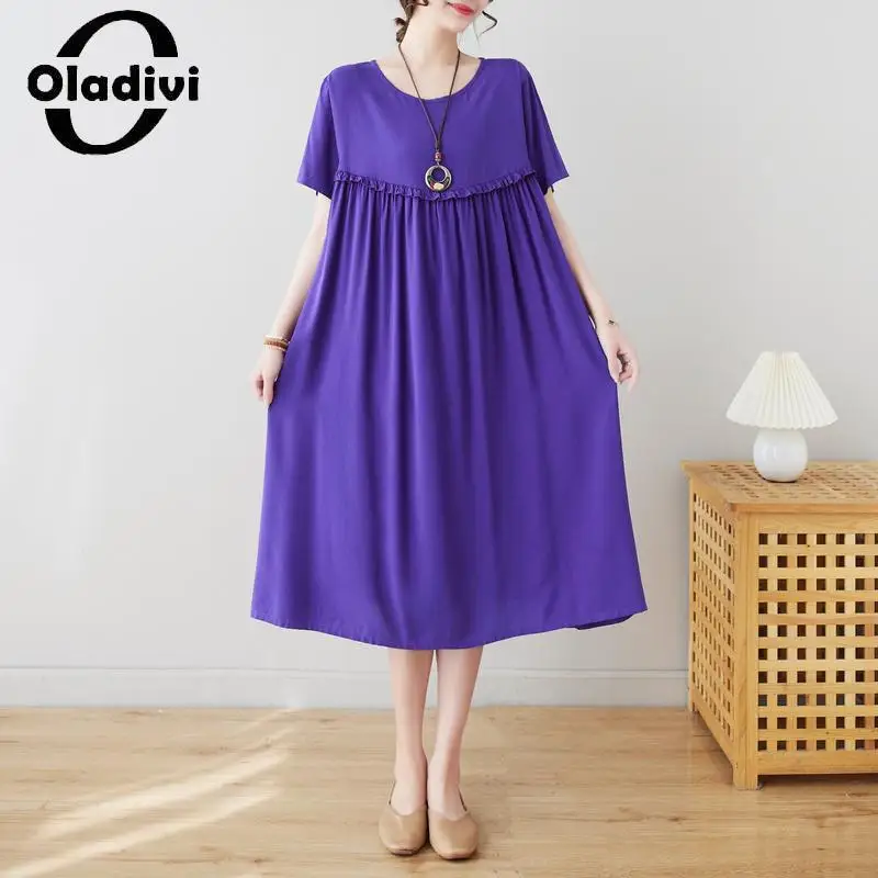 

Oladivi Fashion Women Short Sleeve Ruffle Dress 2023 Summer New Casual Loose Midi Dresses Vintage Ladies Oversized Clothing 6560