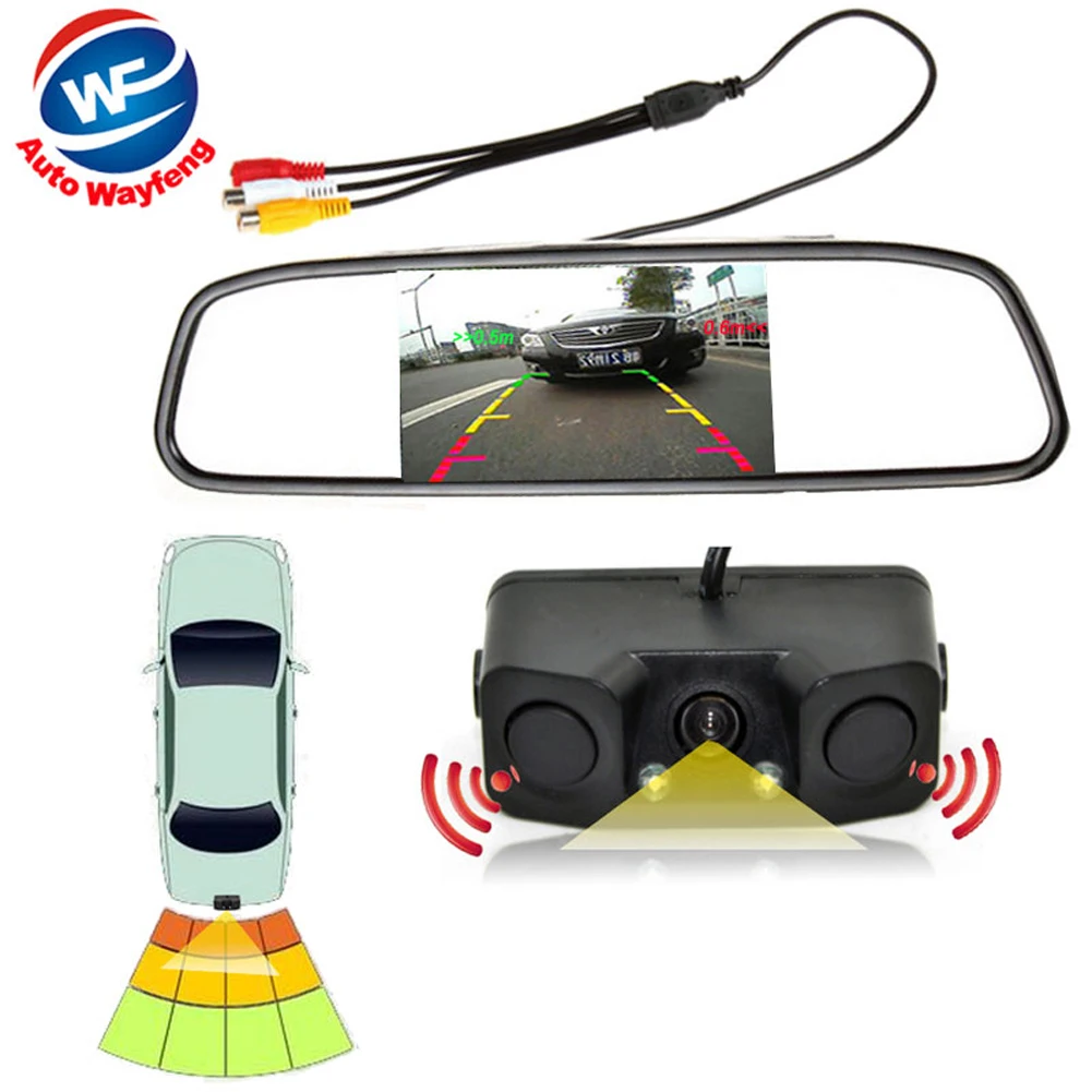 

3in1 Video Parking Assistance Sensor Backup Radar With Rear View Camera + 4.3 inch LCD Car Rearview Mirror Monitor Video Parking