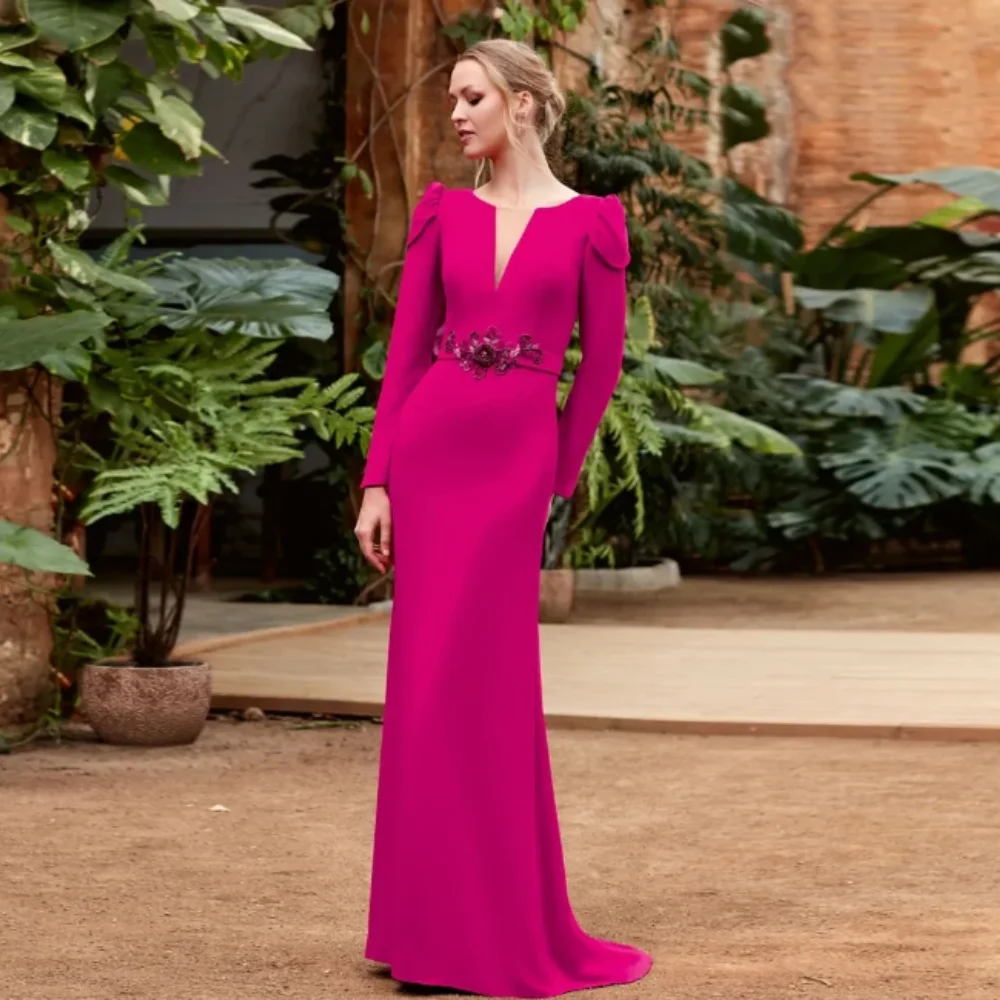 

Elgant Fuchsia Evening Pageant Dress 2024 O Neck Long Sleeve Soft Satin A-line Prom Formal Gowns Vestido De Feast Robe De Soiree