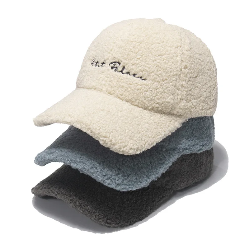 

Lamb Fur Hats Female Autumn Winter Korean Version Tide Letter Warm Visor Cap Plush Baseball Caps Winter Baseball Cap