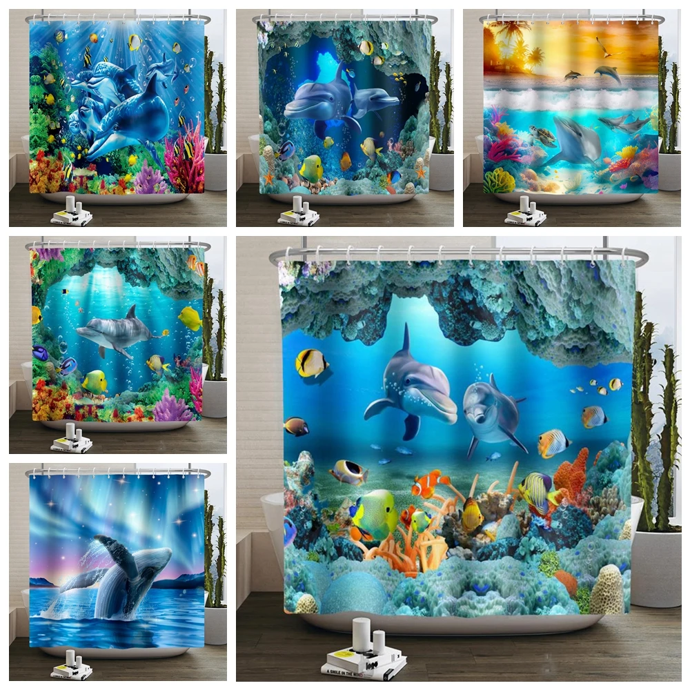

Dolphin Shower Curtain Blue Underwater World Ocean Sea Fishes Seagrass Algae Waterproof Polyester Home Bathroom Curtain Decor
