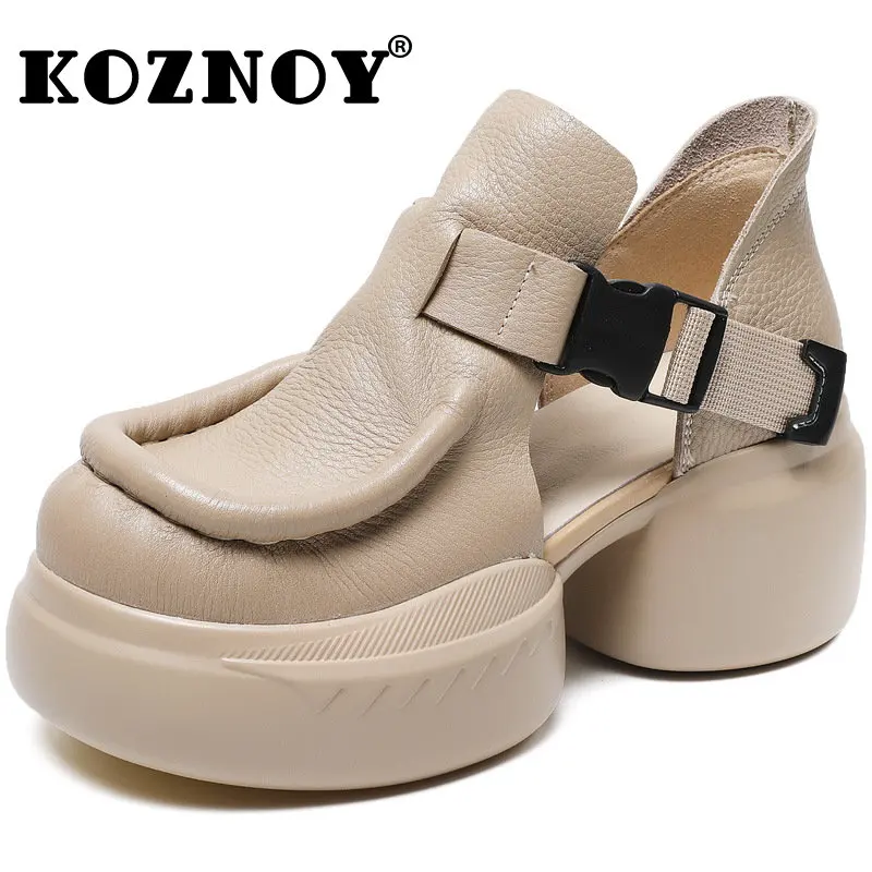 

Koznoy Women Sandals Summer 2023 Natural 6.5cm Cow Genuine Leather Buttoned Thick Soled Moccasin Bao Toe Platform Wedges Shoes