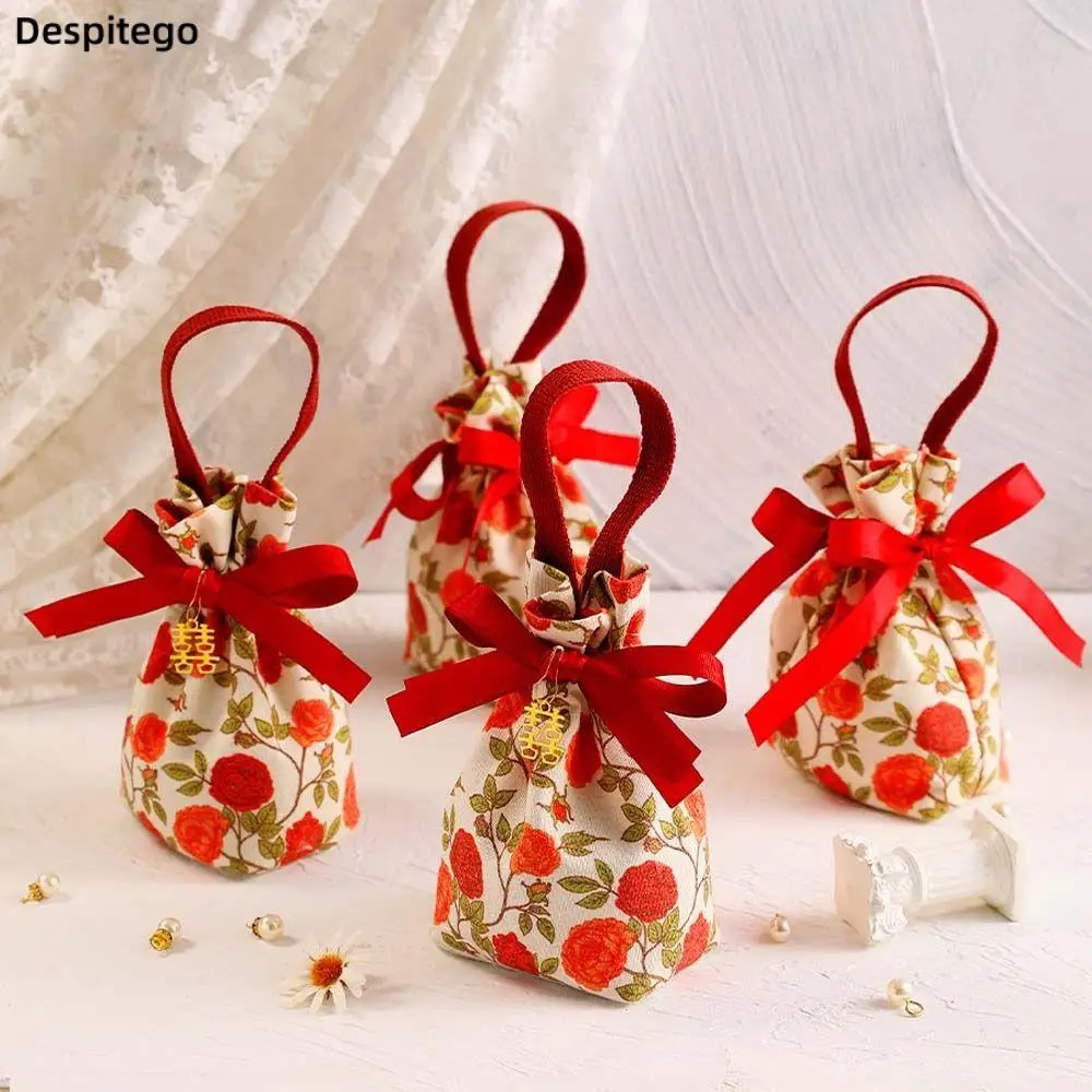 

Korean Canvas Festive Tulip Flower Drawstring Canvas Sugar Bag Bow Pearl Wedding Handbag Large Capacity Jewerly Packing Bag