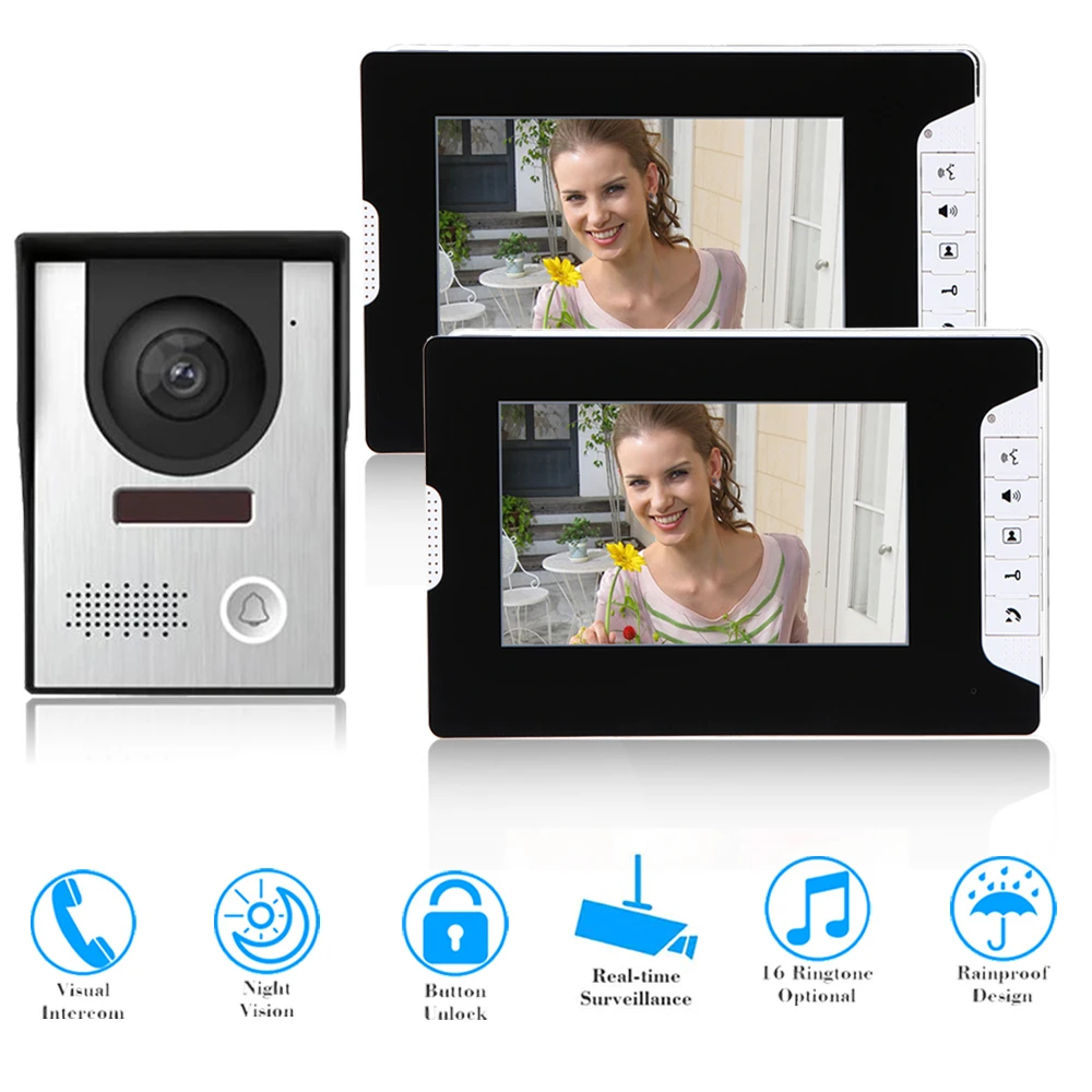 

SYSD Video Intercom System 7 Inch Video Doorbell Kits Unlock 1 Camera 2 Monitor for Villa Home Office Apartment