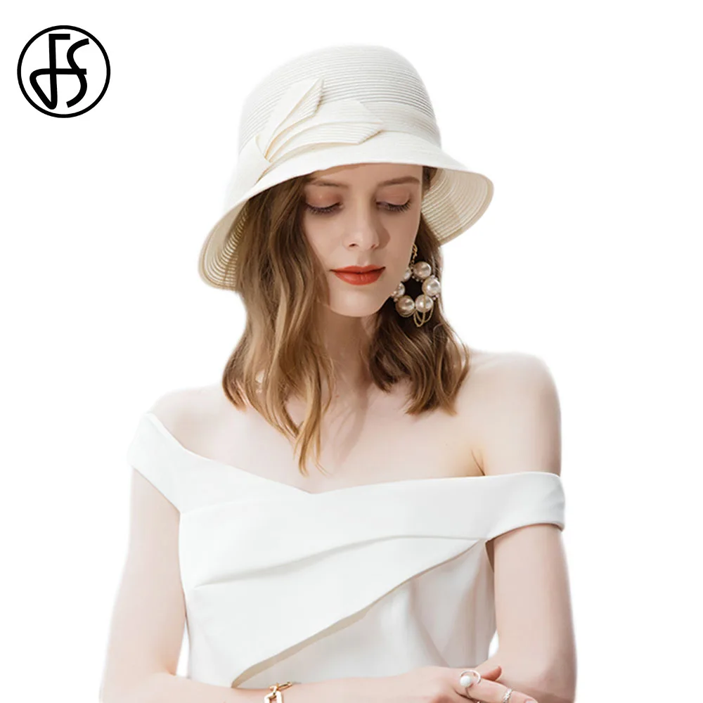 

FS Elegant Sun Visor Hats For Women Wedding Church Millinery Ladies Outdoor UV Protection Seaside Beach Cap 2023 Summer Fedoras
