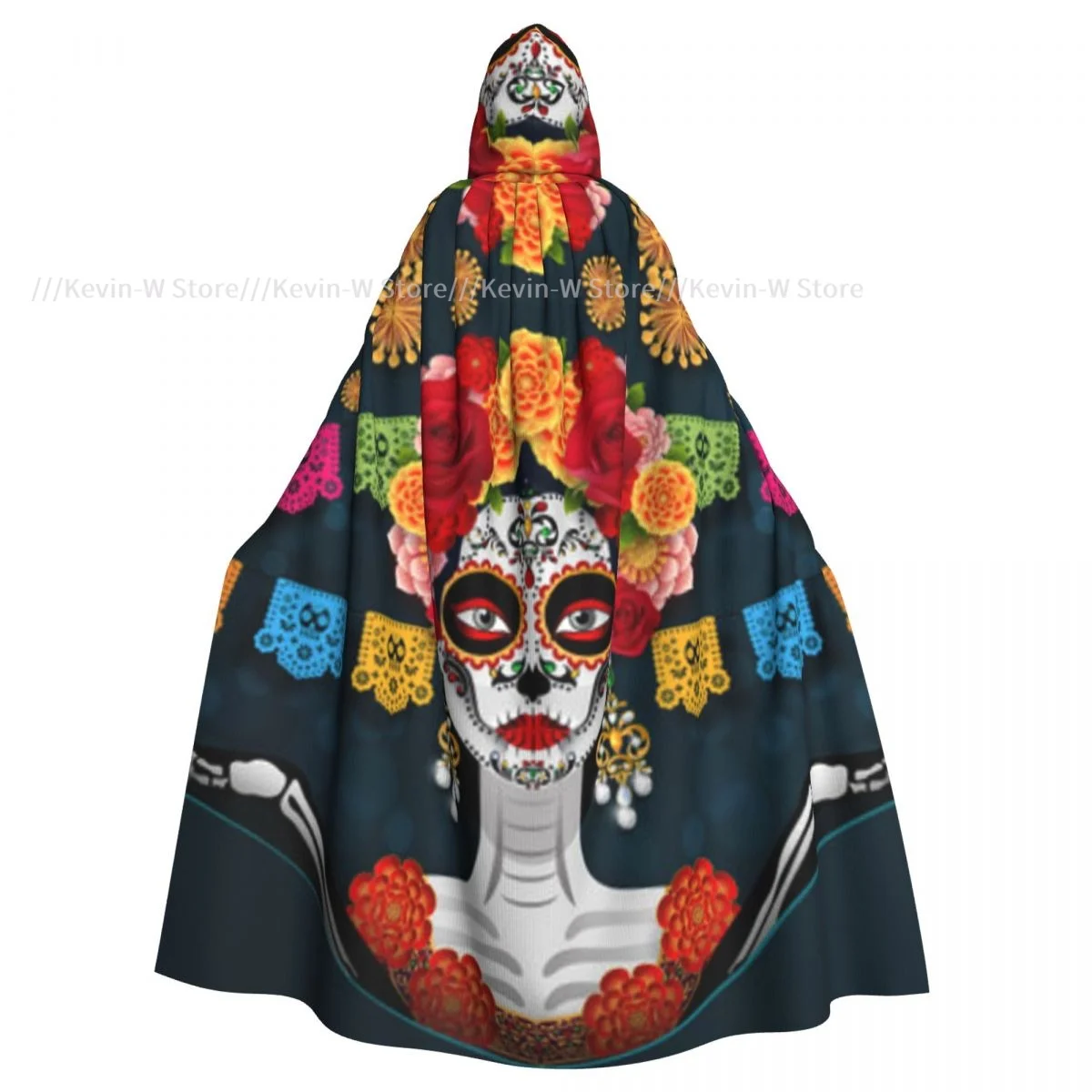 

Day Of The Dead Sugar Skull Hooded Cloak Polyester Unisex Witch Cape Costume Accessory