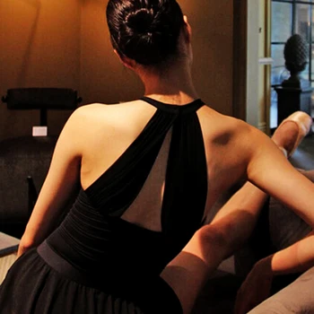 여성용 섹시한 화이트 발레 레오타드, 성인 우아한 홀터 넥 메쉬 스티칭 체조 레오타드 발레리나 댄스 코스튬 상품 이미지