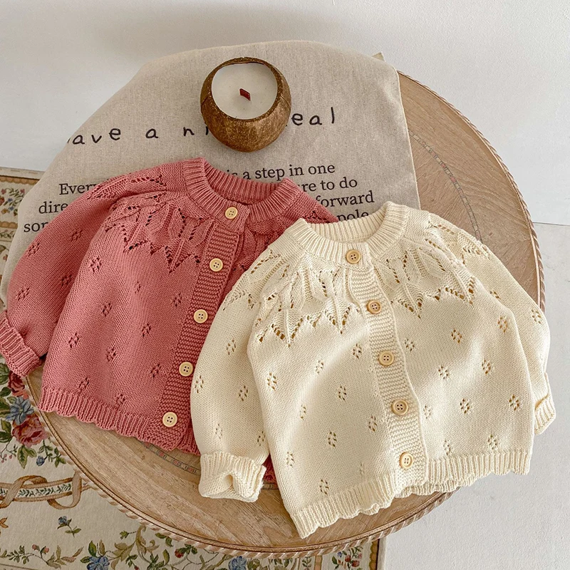 

Autumn Winter Toddler Baby Girl Knitting Cardigan Long Sleeved Solid Color Hollowed Out Newborn Baby Girls Sweater Coat