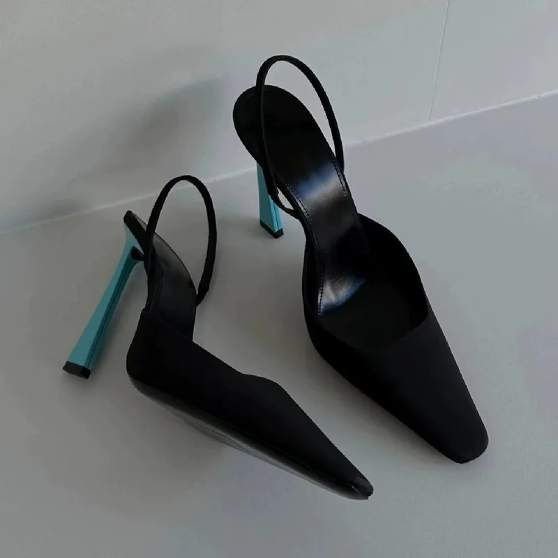 

Black Satin Stiletto Sandals Back Strap High Heels Square Toe Elegant Women Shoes Soft Leather Comfortable Sexy Mules Sandalias