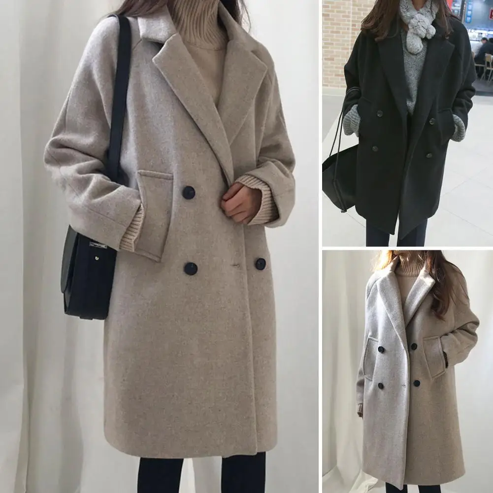 

Женская однотонная куртка средней длины, Женское пальто, плотное двубортное Женское зимнее пальто с лацканами, женское однотонное пальто средней длины