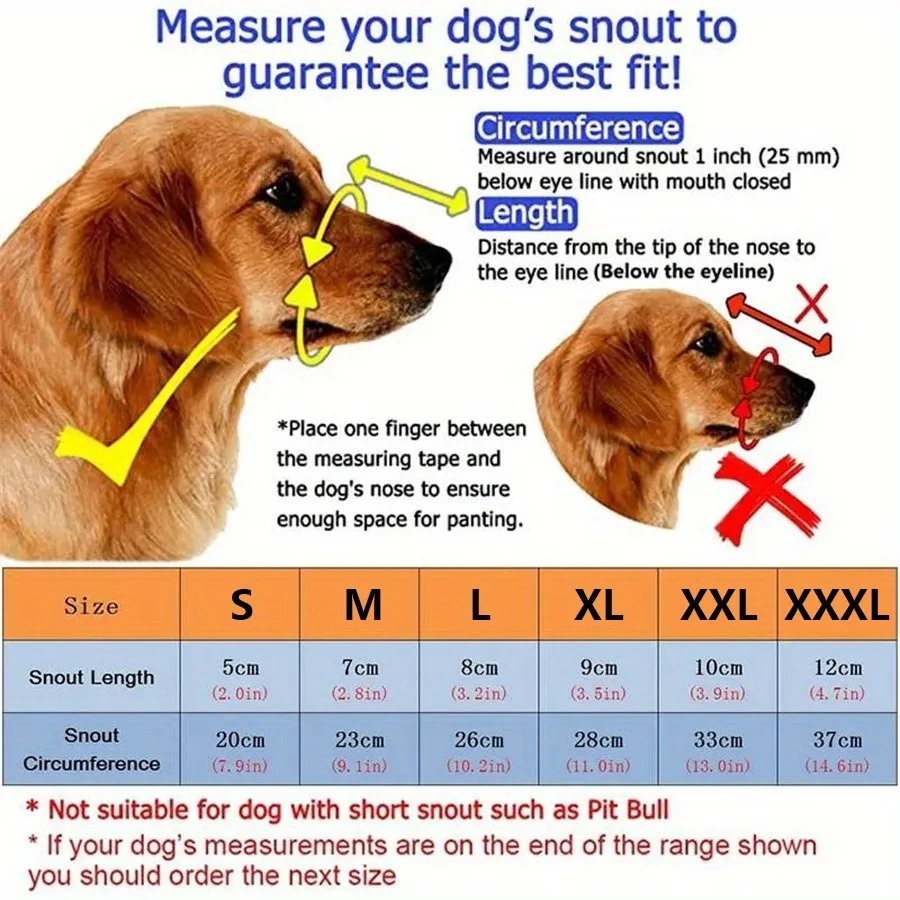 Adjustable Dog Muzzle | Breathable Comfortable for Small to Large Dogs A dog muzzle sizing guide featuring a Golden Retriever. It illustrates how to measure "Snout Circumference" (around the snout) and "Snout Length" (from nose tip to below the eyes). A table lists sizes S through XXXL with measurements in centimeters and inches. A red "X" indicates that it is not suitable for short-snouted dogs like Pit Bulls.