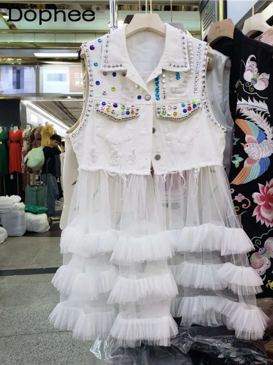

Thai Fashion Denim Jacket Spring Heavy Industry Crystal Stitching Mesh Jean Vest Top Women Sleeveless Waistcoat Coat Cardigan