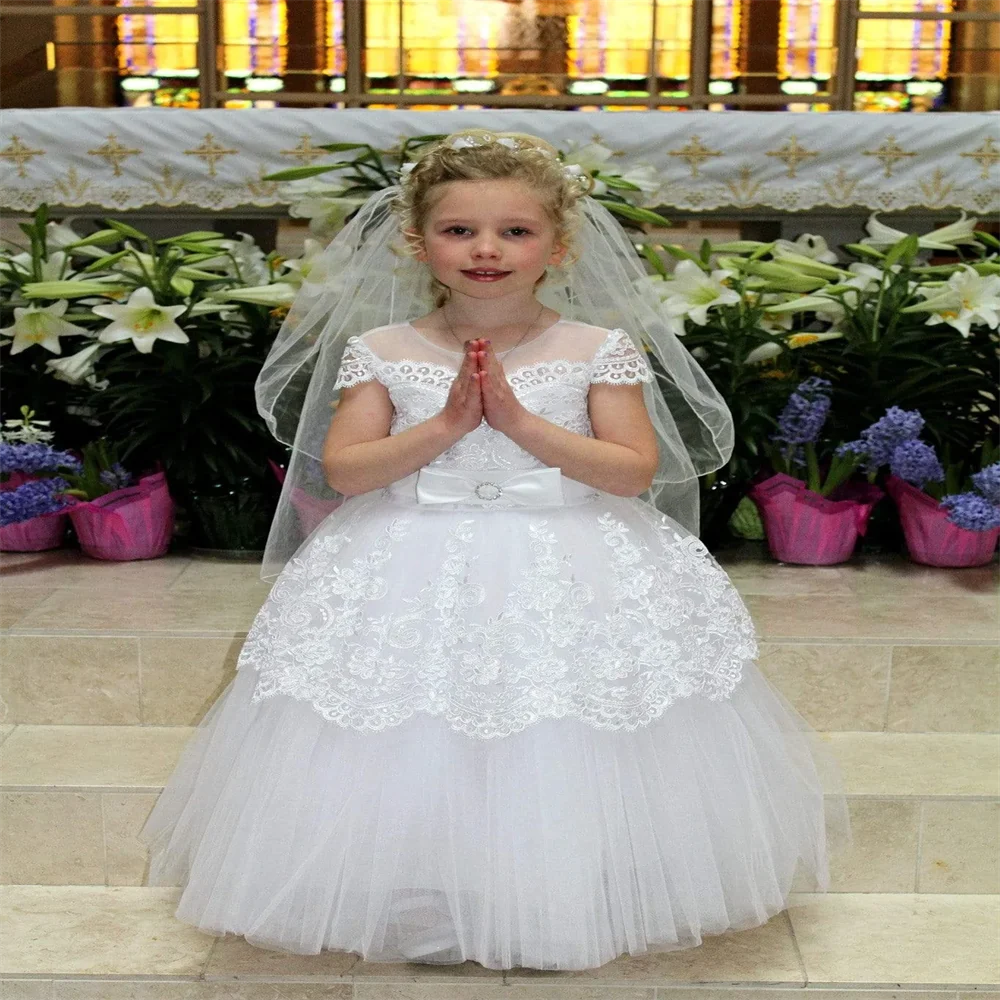 

White Lace Short-Sleeved Flower Girl Dress Fluffy Tulle Birthday Celebration First Communion Birthday Show