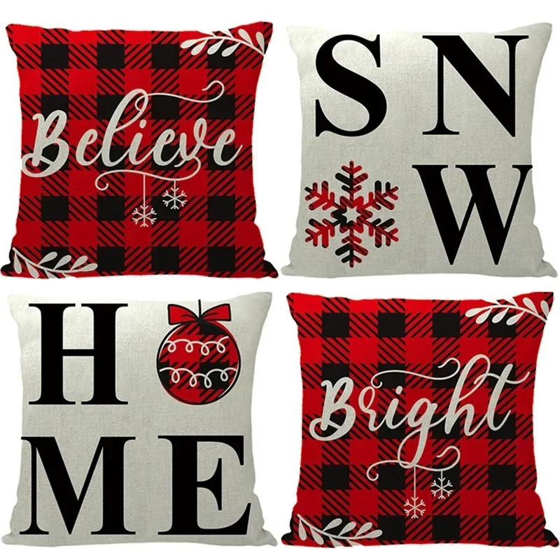 

4pcs Pillowcase Buffalo Plaid Believe Joyful Throw Pillow Cover Xmas Winter Holiday Snowflake Cushion Case Sofa Couch Decoration