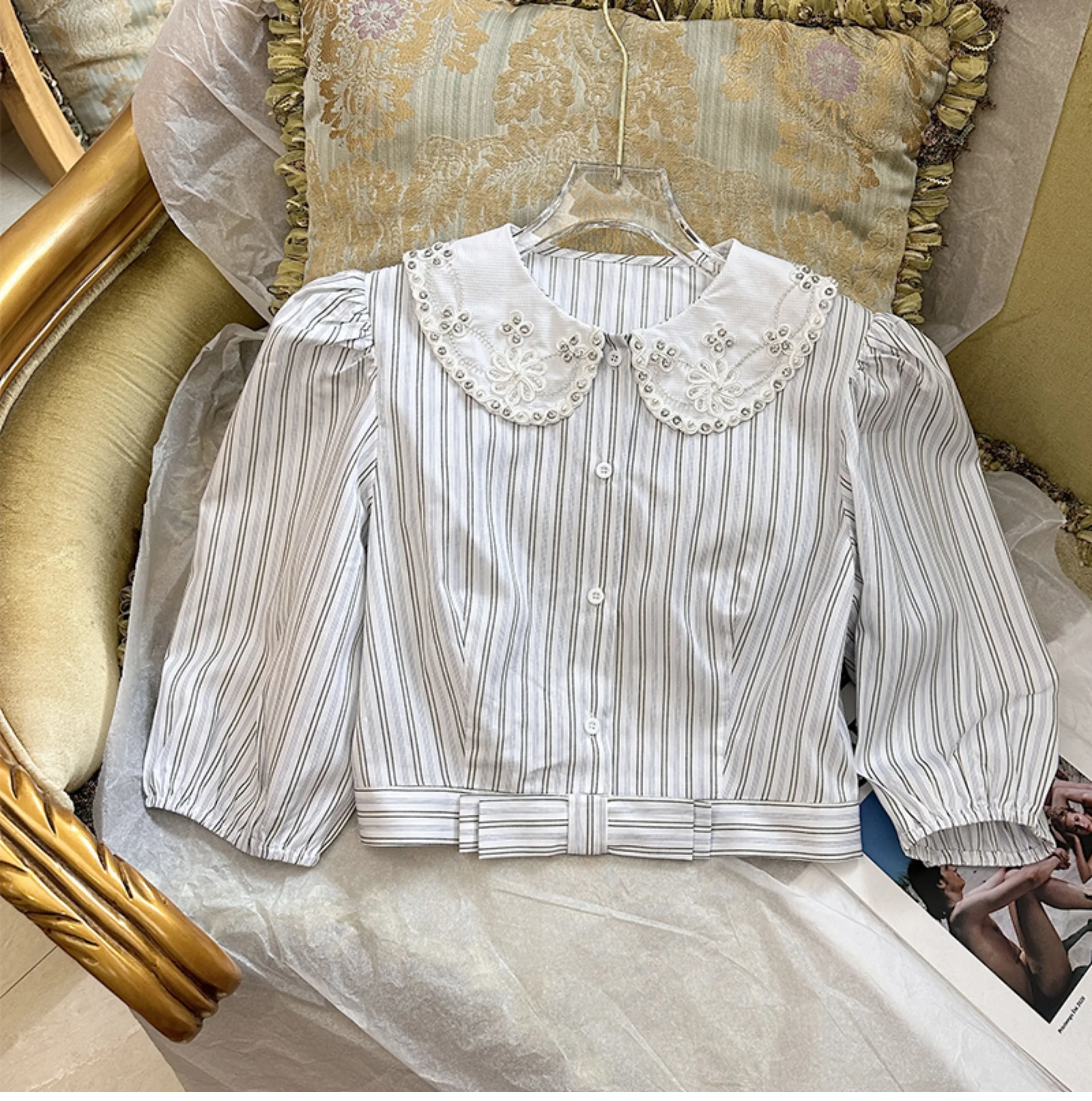 

24 Summer New Shirt Sweet Water Diamond Doll Neck Short Stripe Bow MIU Style Short Sleeve Top