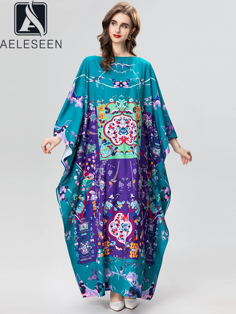 

AELESEEN Women Casual Maxi Dress 2023 Autumn Winter Batwing Sleeve Blue Flower Print Loose Long Holiday Vacation Robe