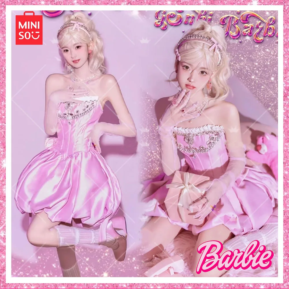 

2023Miniso New Fashion Barbie Pink Dopamine Sheath Dresses Portrait Costume American Sweetheart Teen Birthday Christmas Dresses