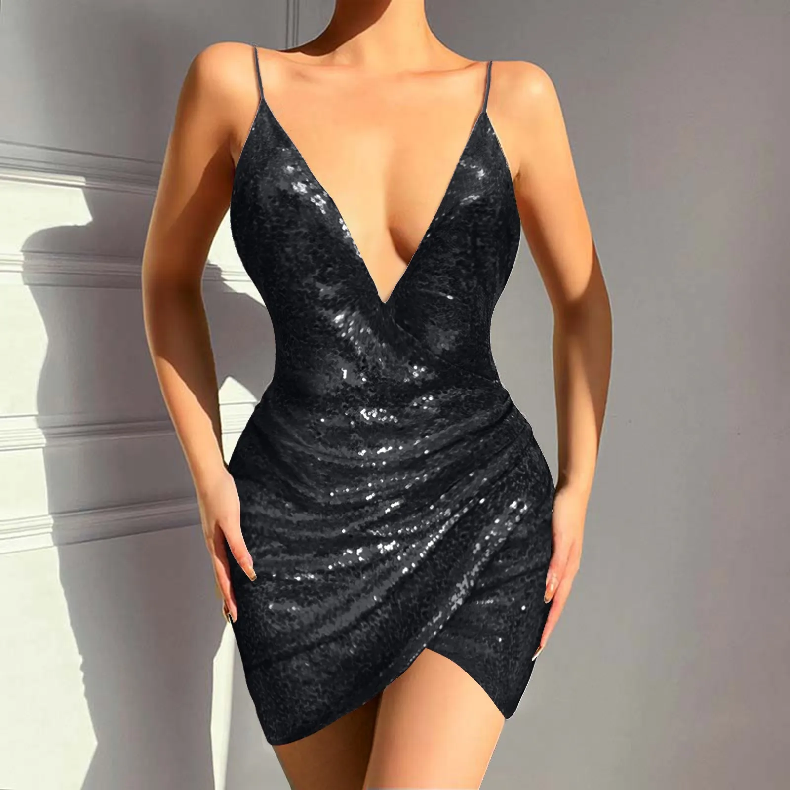 

Women Fashionable Solid Color Sequined Deep V Neck Suspender Mini Dress Sexy Sleeveless Backless Ladies Evening Night Party Gown