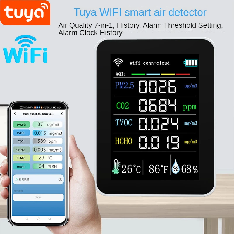 WIFI Air Quality Detector Tuya 7 In 1 CO2 Tester PM2.5 TVOC CO2 CH2O Formaldehyde Monitor TFT Display CO2 Sensor Meter Analyzer
WIFI Air Quality Detector Tuya 7 In 1 CO2 Tester PM2.5 TVOC CO2 CH2O Formaldehyde Monitor TFT Display CO2 Sensor Meter Analyzer