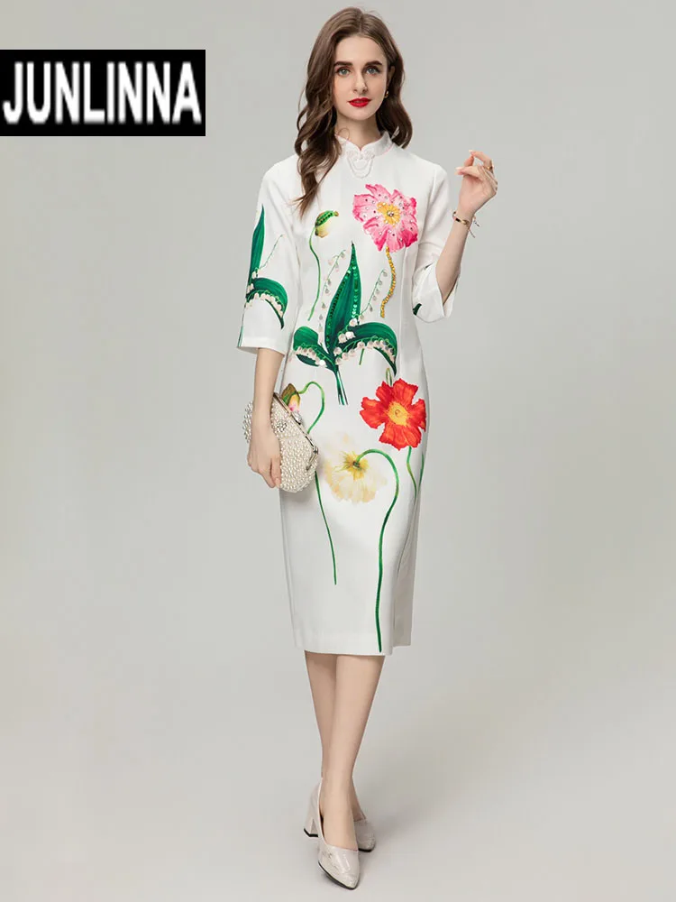 

JUNLINNA Spring Summer Women Party Dress Stand Collar Fashion Flower Printing Sequins and Beading Midi Vestidos
