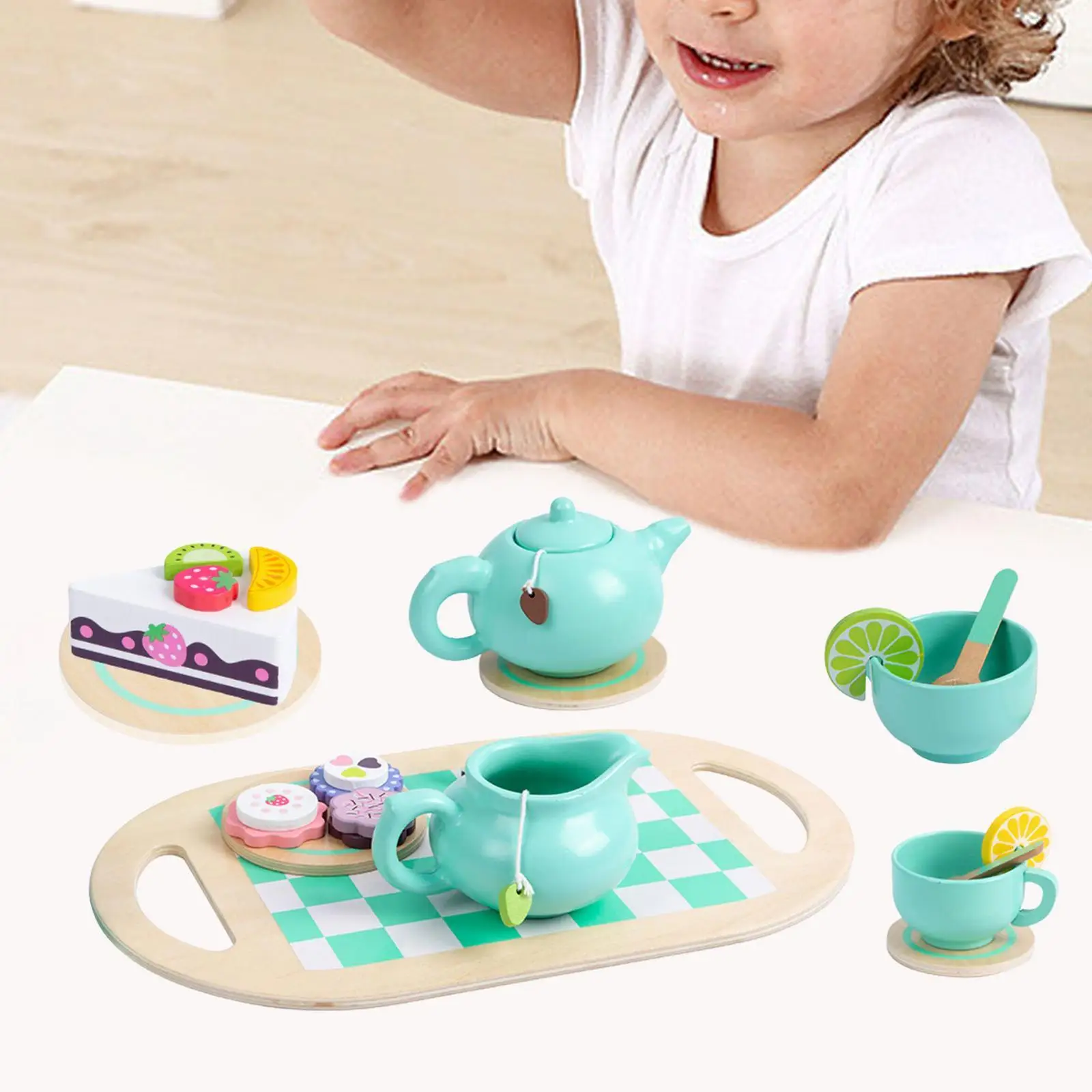 

Kids Tea Party with Teapot, Coaster, Coffee Mugs, Spoons, Saucers, and Serving Tray Montessori Toy for Little Girls Children