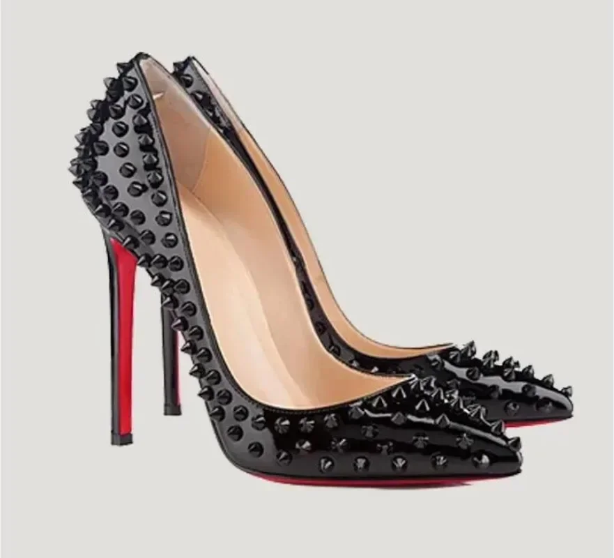 

Free Shipping ！ New Luxury Women Shoes High Heels Rivets Pumps Red Bottom Pointed Studded Full Spikes Ladies Brand Wedding Shoes