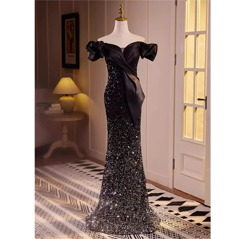 

Bespok Occasion Dress Black Sequins Off the Shoulder Pleat Sleeve Lace up Mermaid Floor-length Plus size Women Party Formal Gown