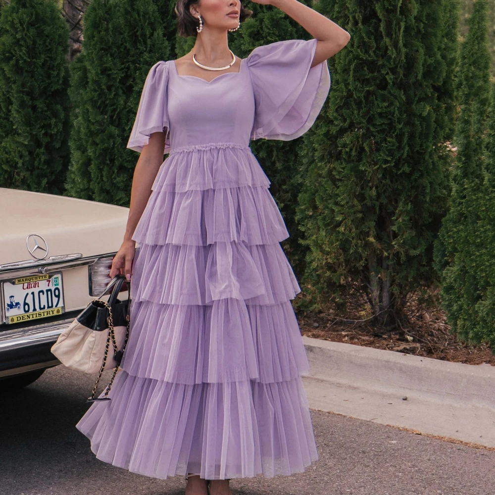 

Elegant Evening Dress A Line Short Sleeve Scalloped Party Gowns Ankle Length Tiered Tulle Prom Dresses For Women فساتين سهرة