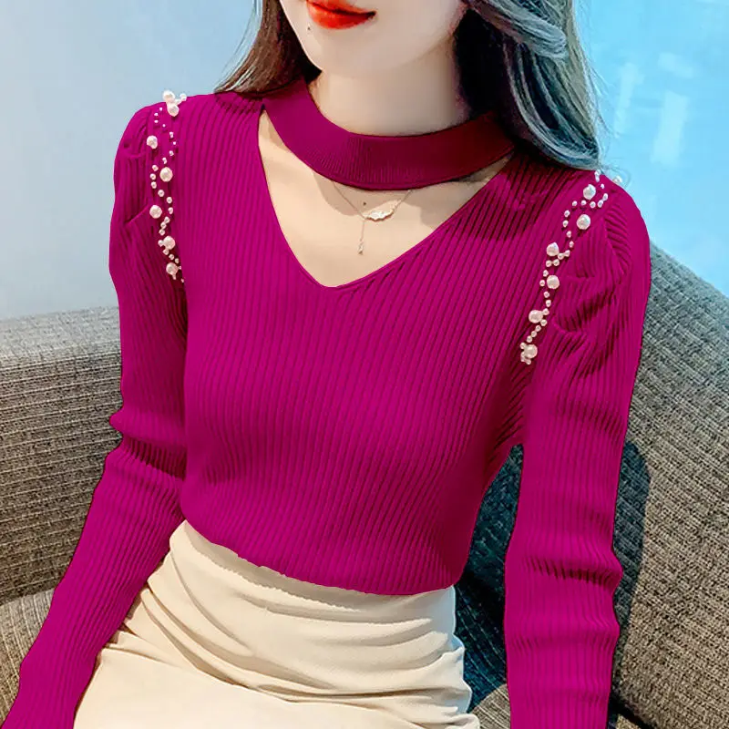 

Fashion Spliced Folds Beading Puff Sleeve Blouses Women's Clothing 2023 Autumn Loose All-match Tops Knitted Office Lady Shirts