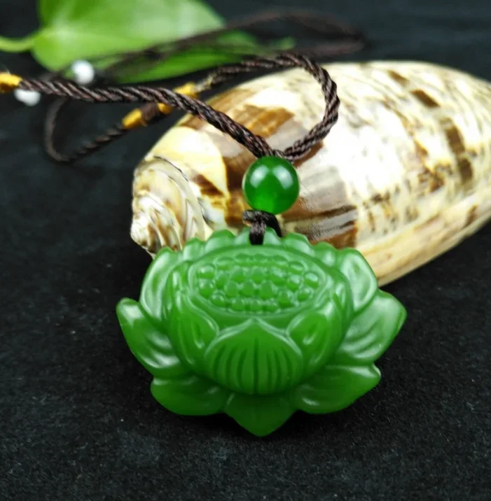 

Chinese Green Jade Lotus flower Pendant Beads Necklace Charm Jewellery Fashion Accessories Hand-Carved Men Lucky Gifts Amulet