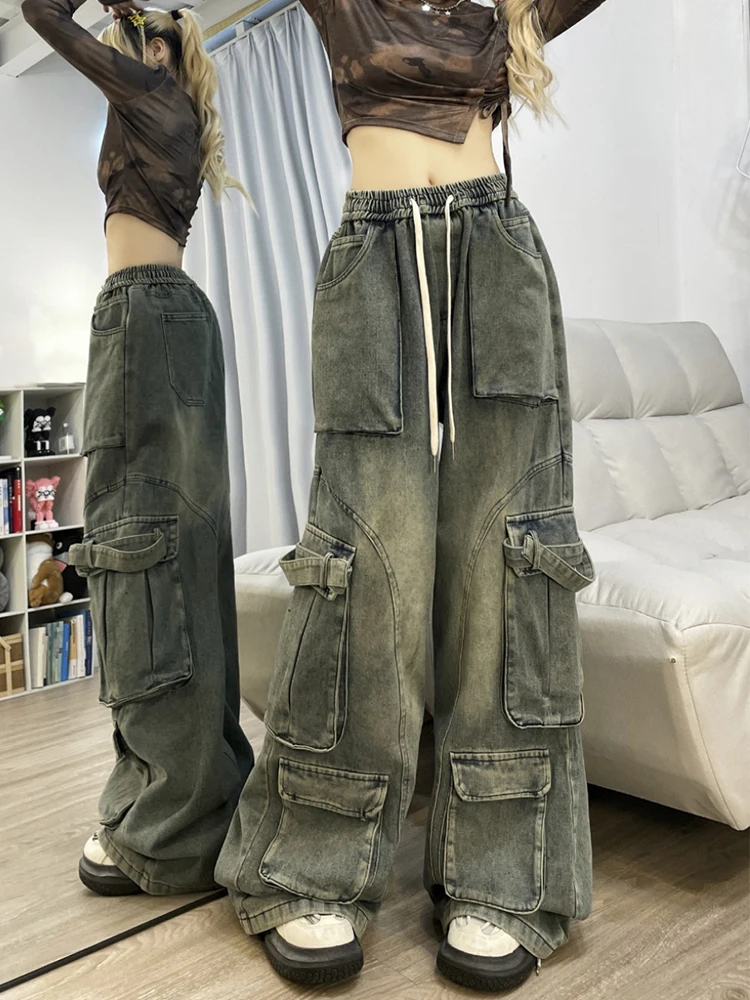 

Женские джинсовые брюки-карго в американском стиле, винтажные штаны из денима с эластичным поясом, с несколькими карманами, в стиле гранж, модная Японская уличная одежда в стиле Харадзюку, Y2k