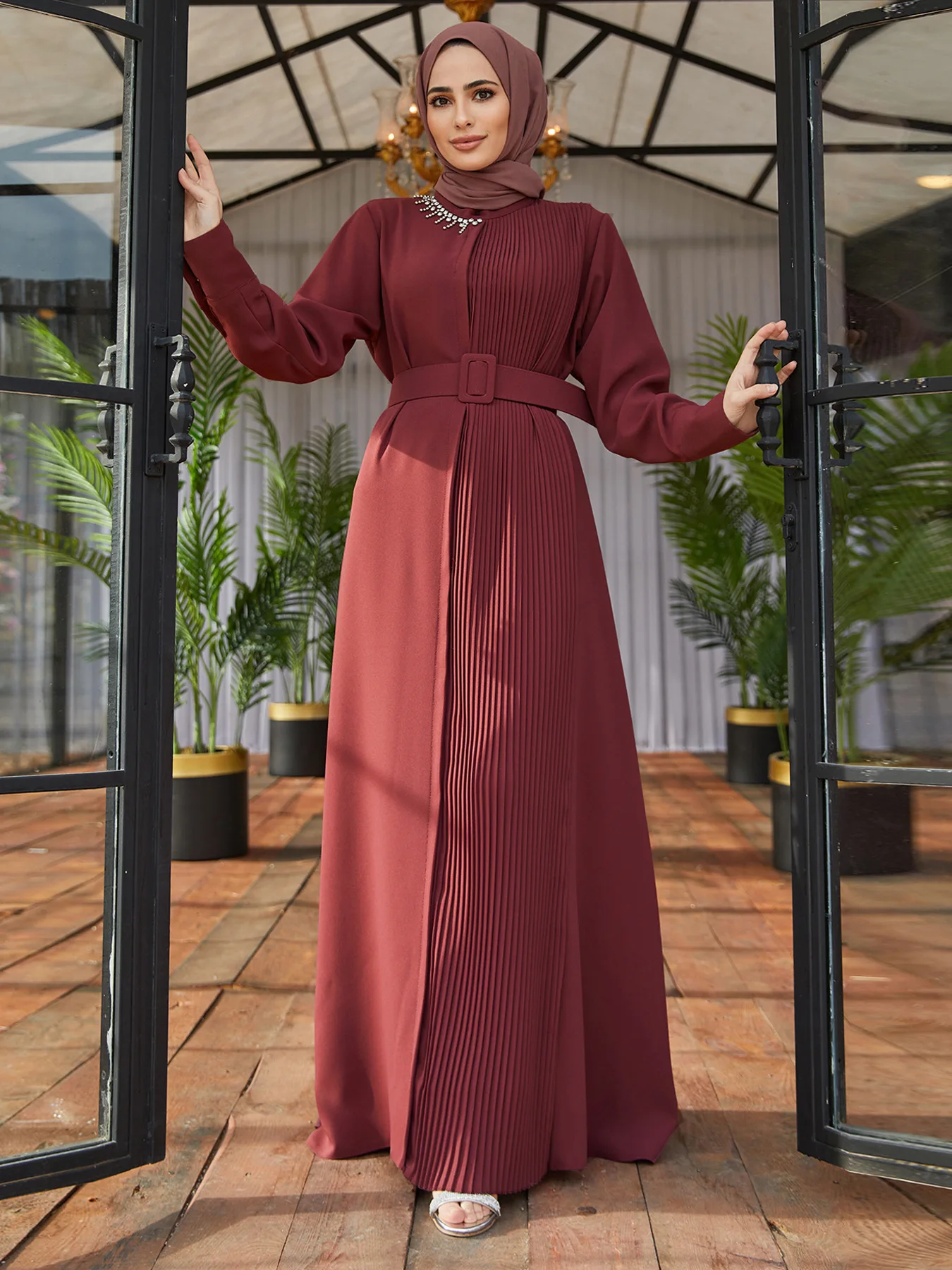 

ИД Рамадан Djellaba элегантное мусульманское женское Плиссированное Макси платье Саудовский арабский халат Дубай Abaya Турция Кафтан Исламская одежда с поясом