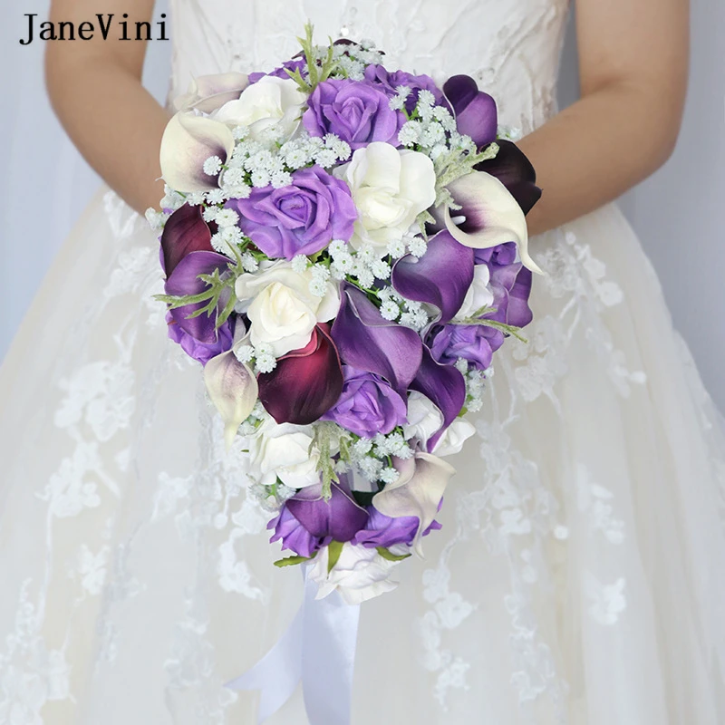 

JaneVini New Elegant Purple Calla Lily Cascading Bride Bouquet Waterfall White Roses Flowers Bridal Bouquets Wedding Accessories