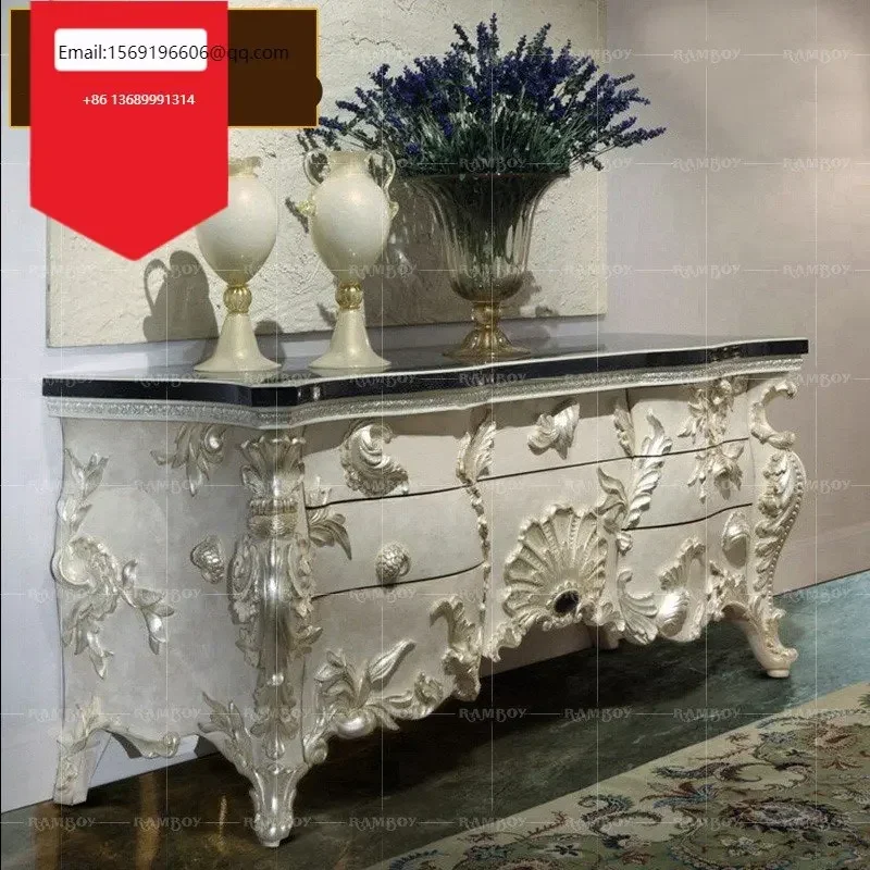 

European-style solid wood carved dining cabinet palace luxury silver foil dinner villa living room porch
