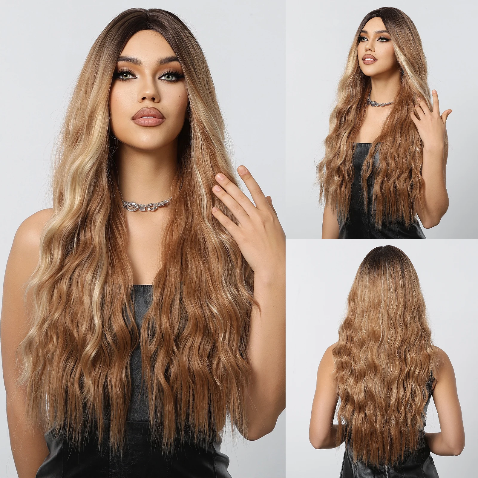 

Long Curly Wavy Synthetic Wig Brown Ombre Blonde Cosplay Party Middle Part Wig for Women Heat Reistant Fibre Daily Fake Hair Use